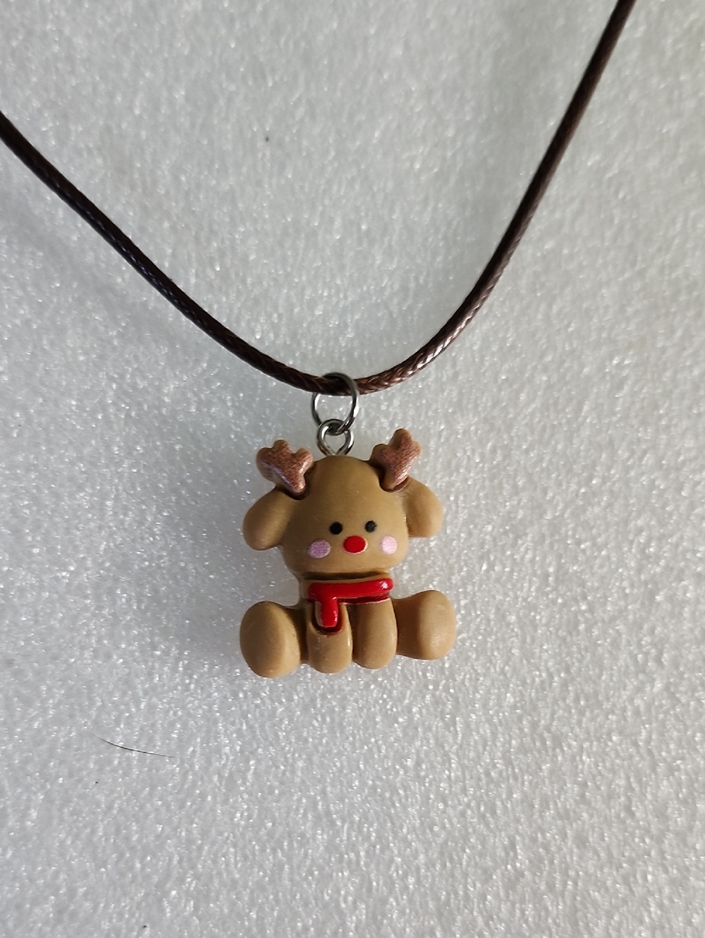 Hand Crafted Brown Reindeer Pendant Necklace with Red Scarf